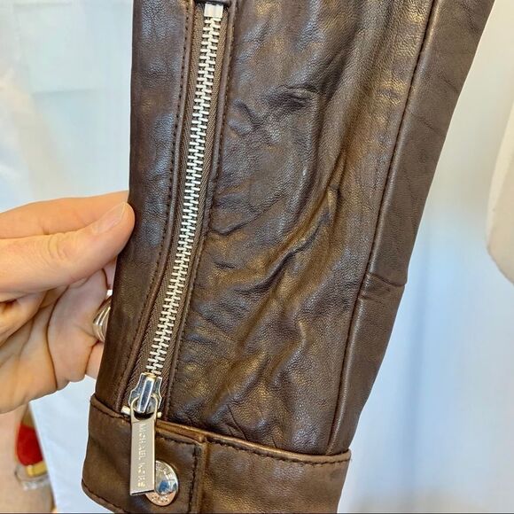 Michael Michael Kors dark chocolate brown leather biker moto jacket Sz S NWOT - Picture 7 of 16